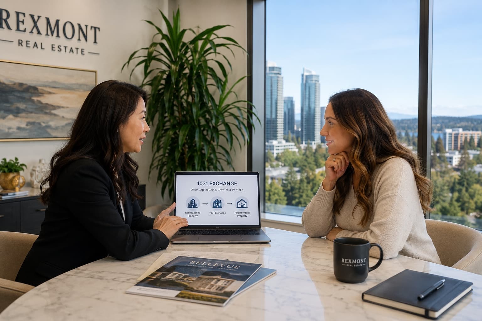 RexMont Real Estate advisor walking a Bellevue investor through a 1031 exchange timeline, with the downtown Bellevue skyline in the window