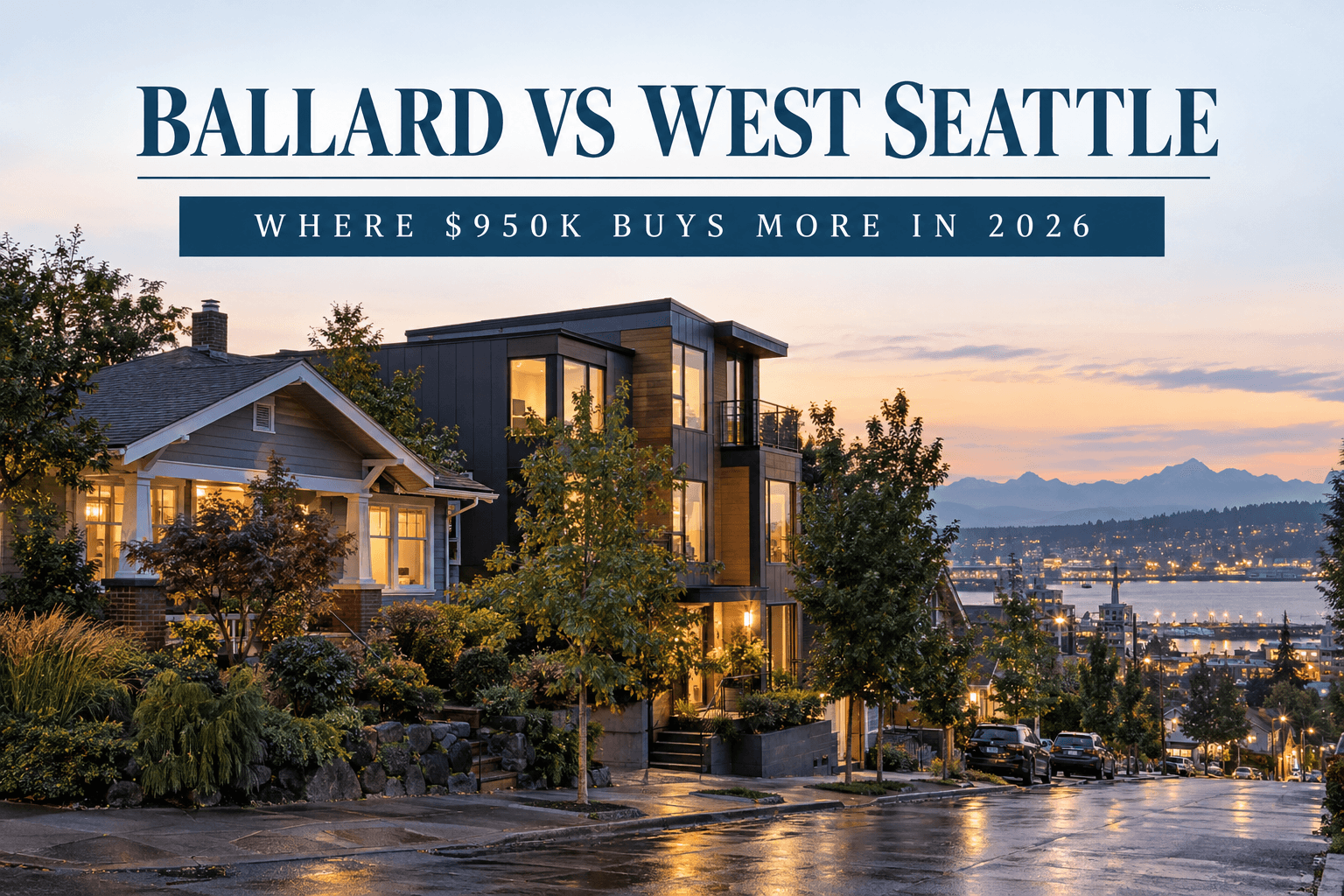 Residential street in Ballard, Seattle, comparing homes with West Seattle at a $950K budget