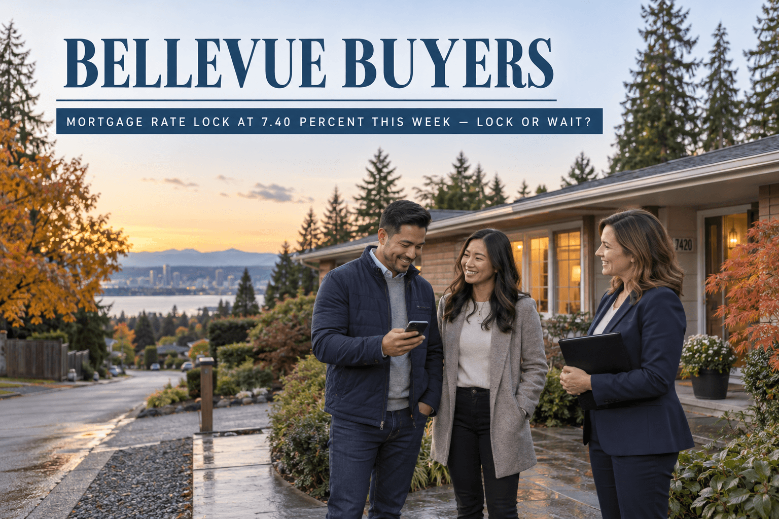 Bellevue buyers on the front walk of a 1960s rambler reading a rate-lock confirmation on a phone, their agent beside them, October light