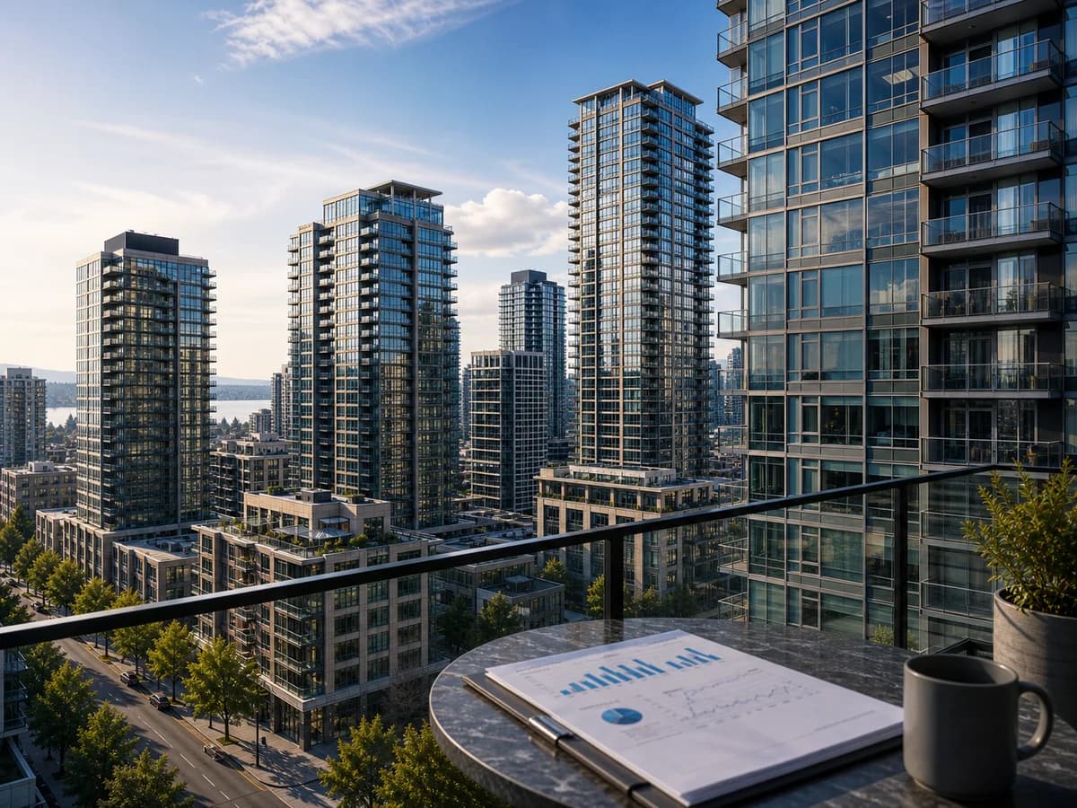 Downtown Bellevue high-rise condo towers with a market report in the foreground reflecting elevated May 2026 inventory levels