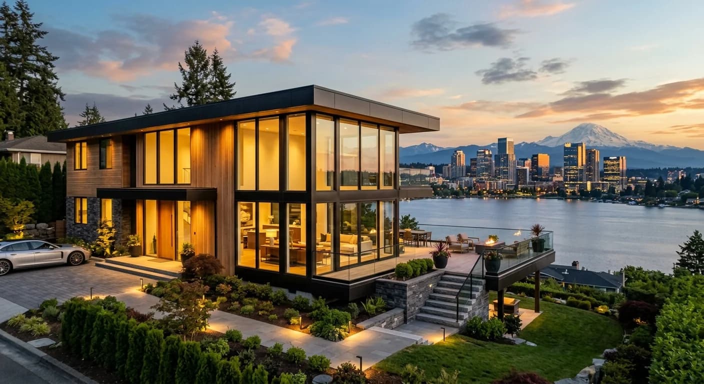 A modern Bellevue home with a for sale sign, illustrating the costs of selling a home in the area.
