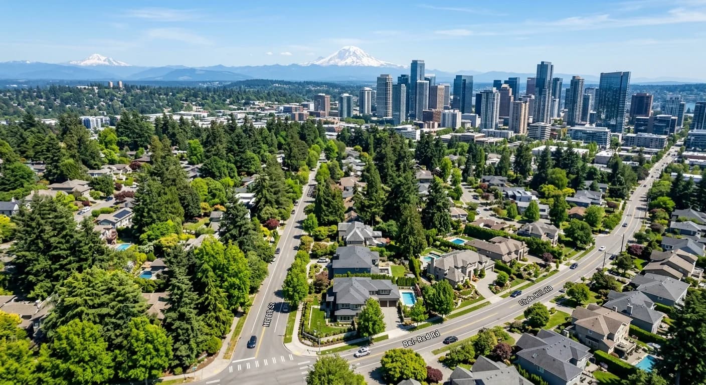 A beautiful modern home in a lush Bellevue, Washington neighborhood, representing the variety of homes for sale.