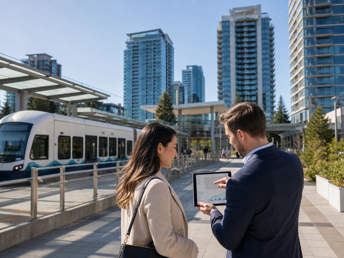 Bellevue condo buyer near Sound Transit 2-Line station with downtown Bellevue skyline and light rail platform visible