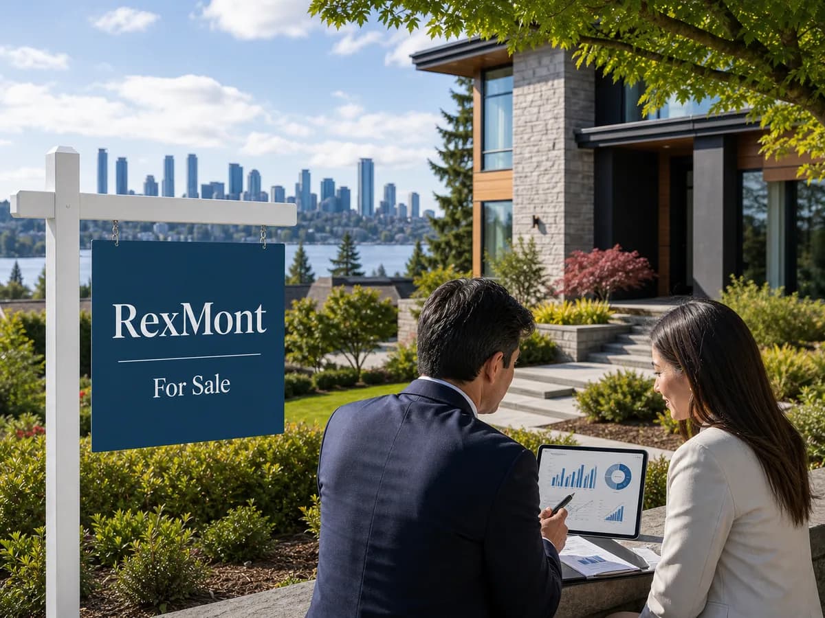 Bellevue seller reviewing real estate inventory data outside a luxury home with downtown Bellevue in the distance