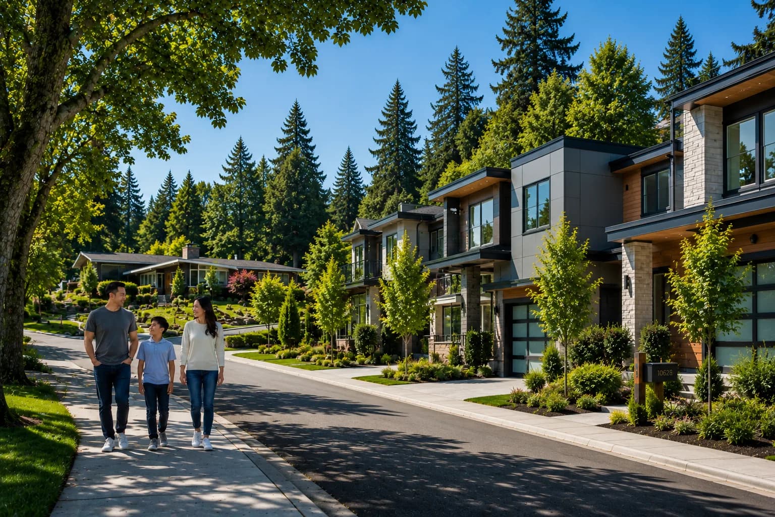 A modern, newly constructed luxury home in Bellevue, Washington, with large windows and a clean design.