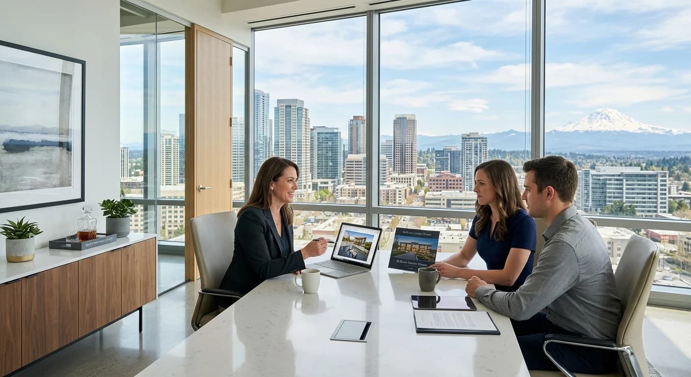 A top Bellevue real estate agent presenting a home selling strategy to clients in a modern living room.