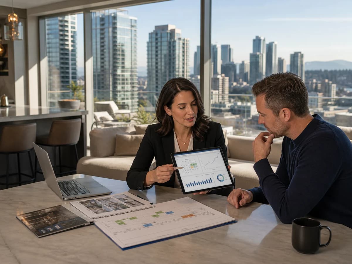 Bellevue seller reviewing stock vesting calendar and listing strategy with downtown Bellevue skyline in background