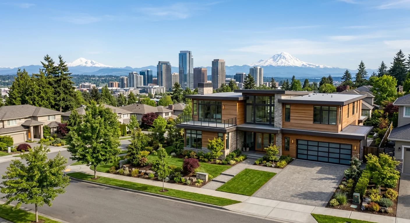 A modern home in a tree-lined Bellevue neighborhood, representing homes for sale in the Bellevue School District.