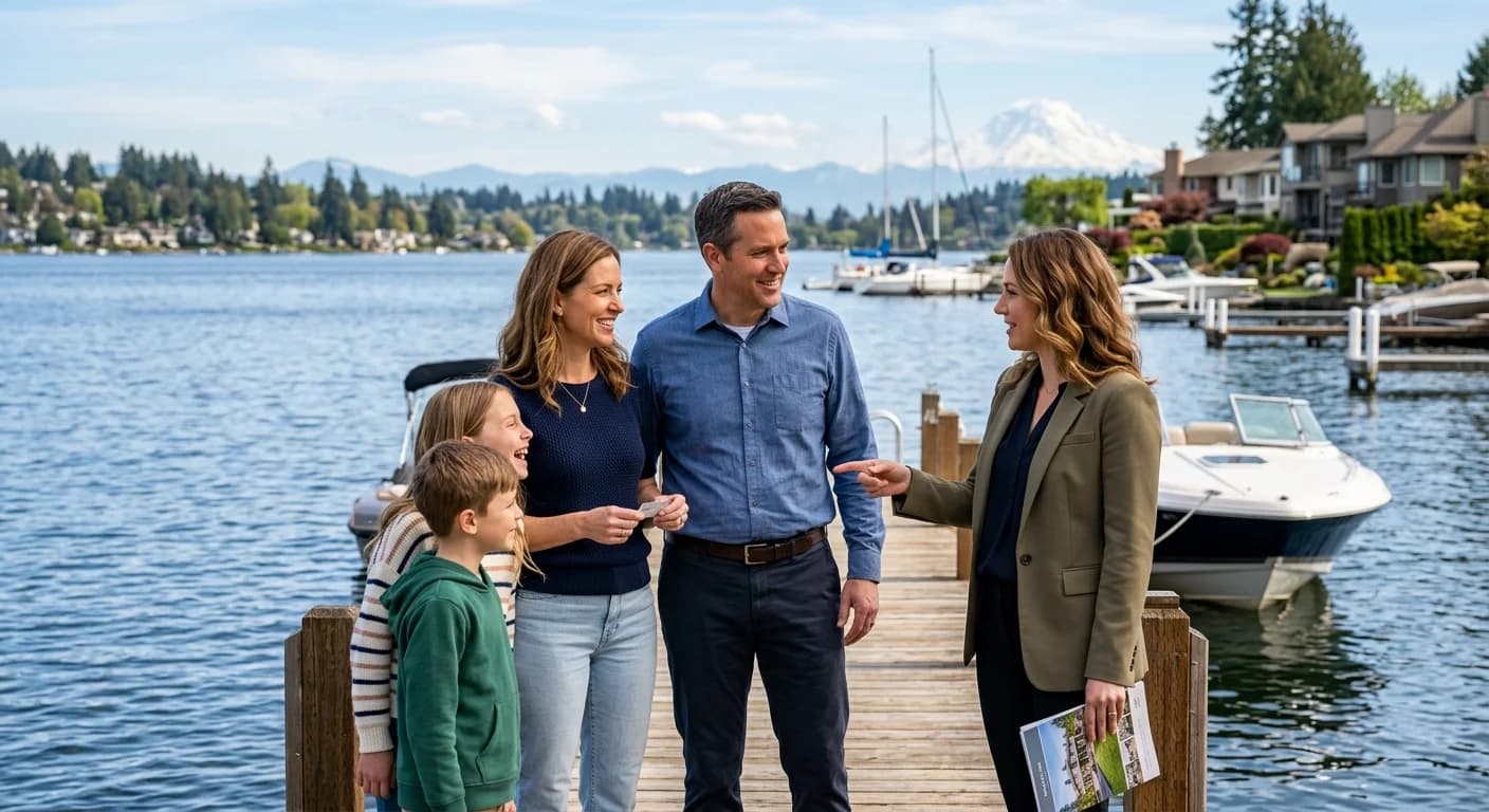 A luxury waterfront home on Lake Washington in Bellevue with a private dock and boat at sunset.