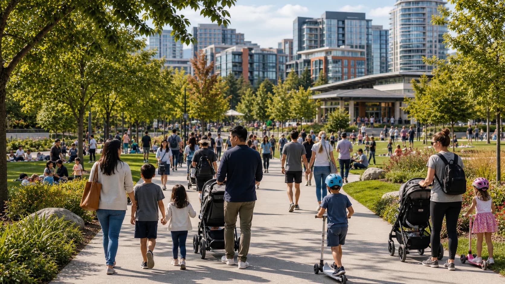Families and residents walking through a crowded Bellevue park