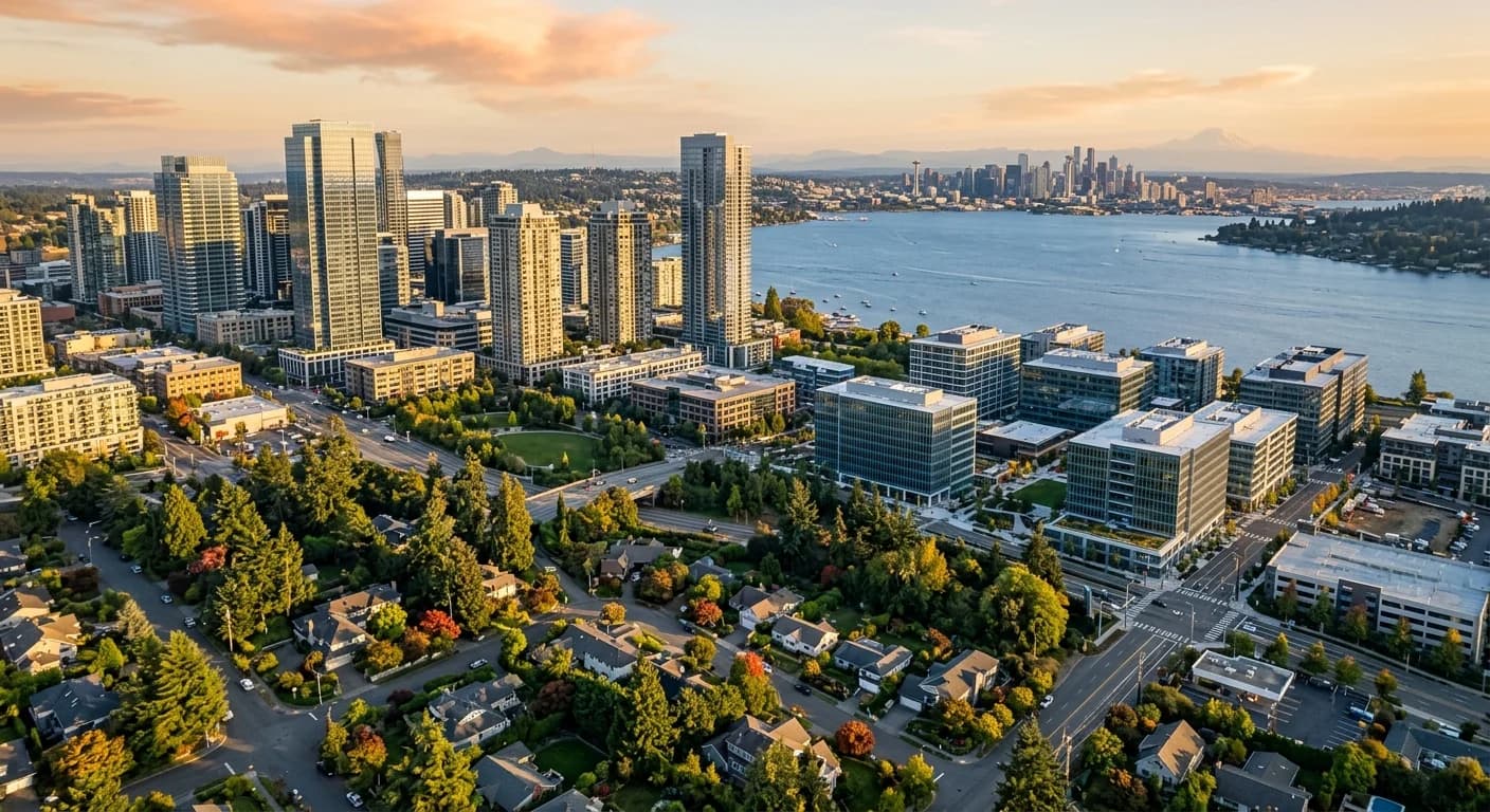 Aerial view of Bellevue, WA showing downtown skyline with surrounding residential neighborhoods and Lake Washington