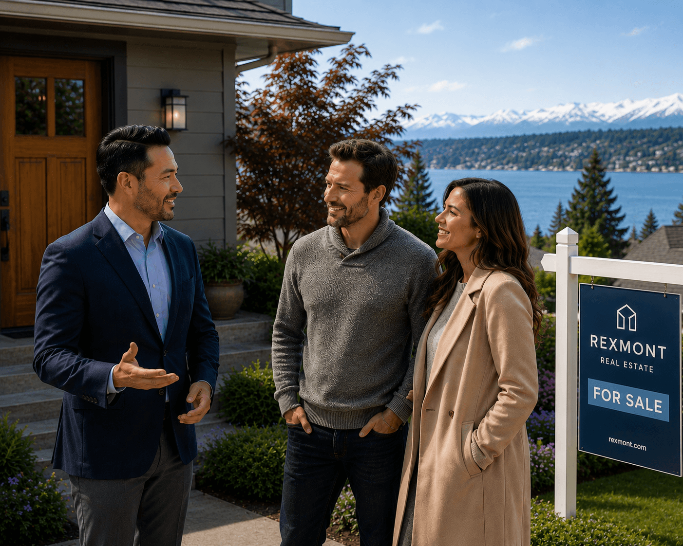 RexMont broker talking with a couple in front of a Lake Washington home with a RexMont For Sale sign, Cascade mountains in the background