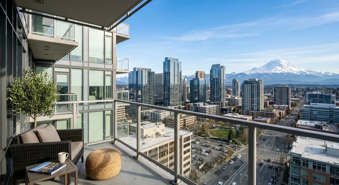 A beautiful modern home in Bellevue's Medina neighborhood with a 'For Sale' sign, representing the best time to sell.