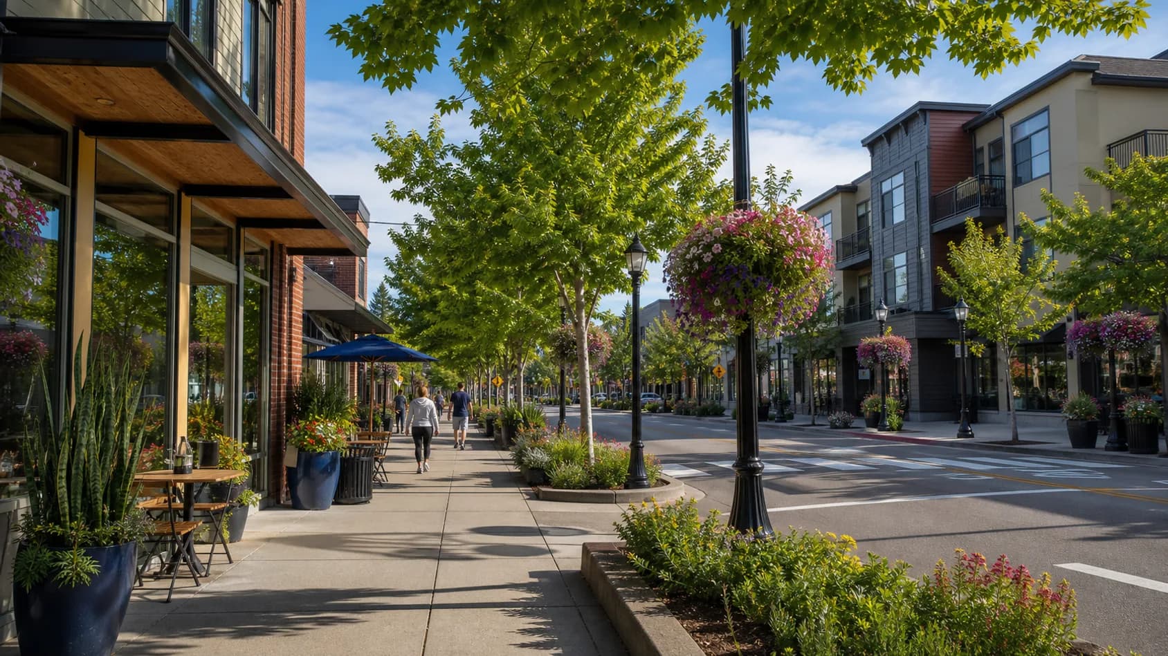 Downtown Burien storefronts and tree-lined sidewalks in south King County