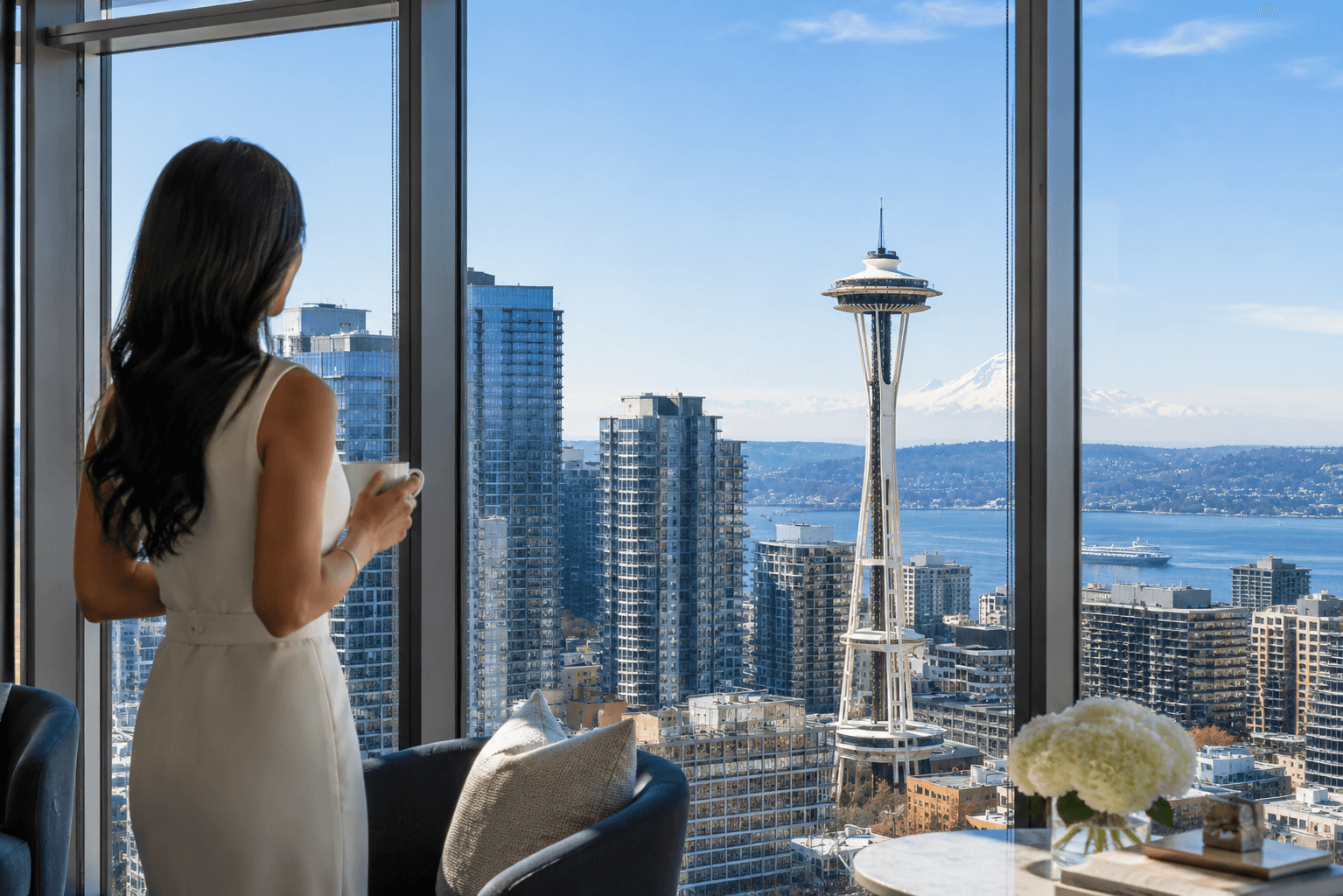 Modern high-rise condo building in South Lake Union Seattle with views of Lake Union