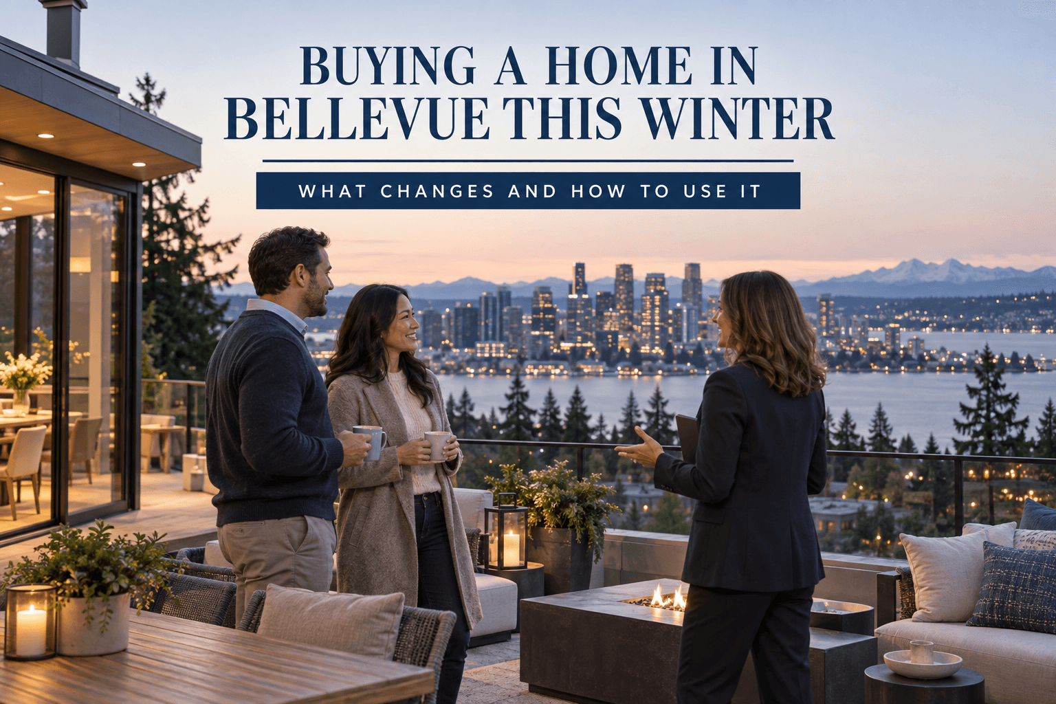 Snow-dusted street in a Bellevue neighborhood with homes listed for sale in winter