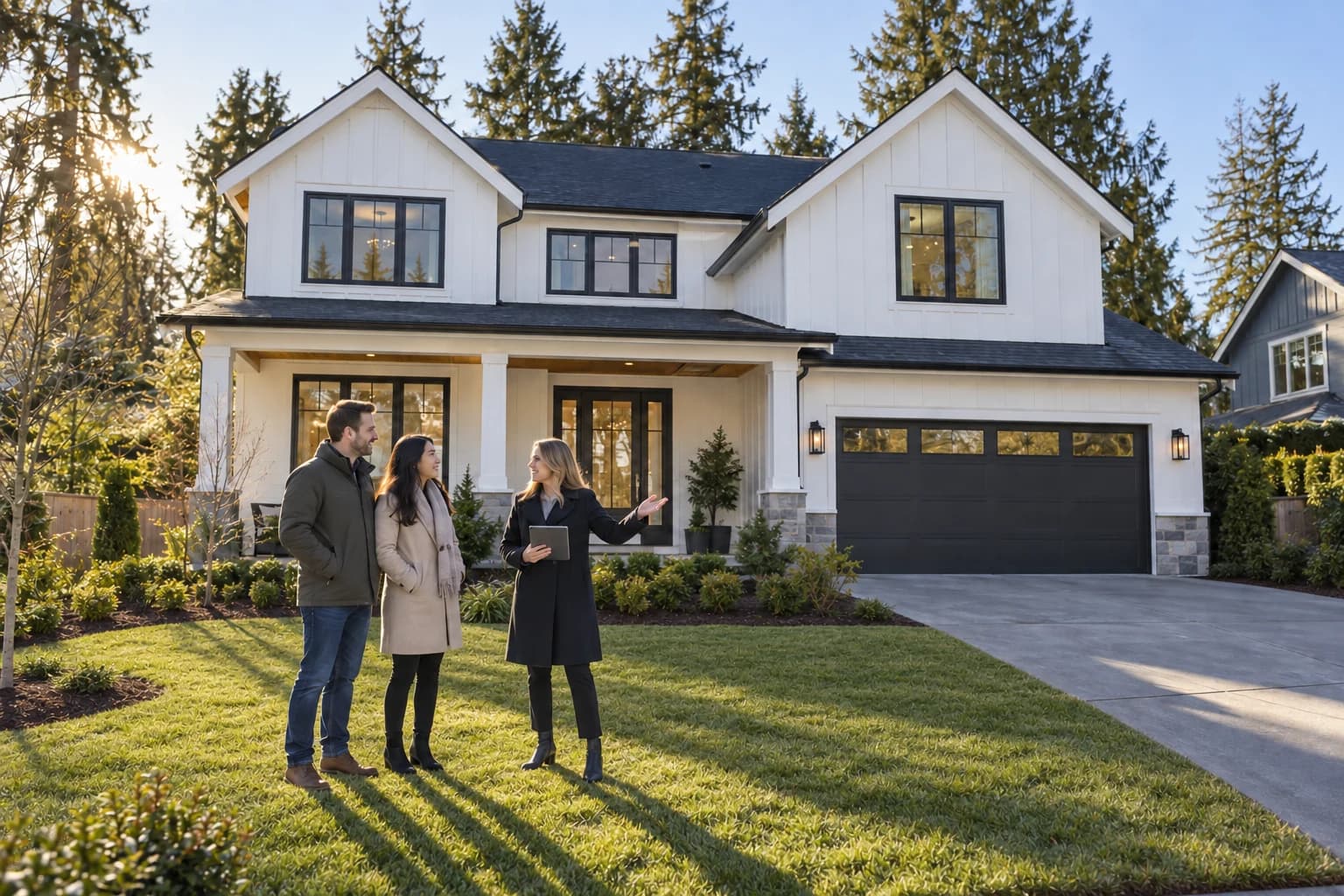 Couple talking with a RexMont agent in the front yard of a new home in Lake Hills, Bellevue on a clear winter afternoon