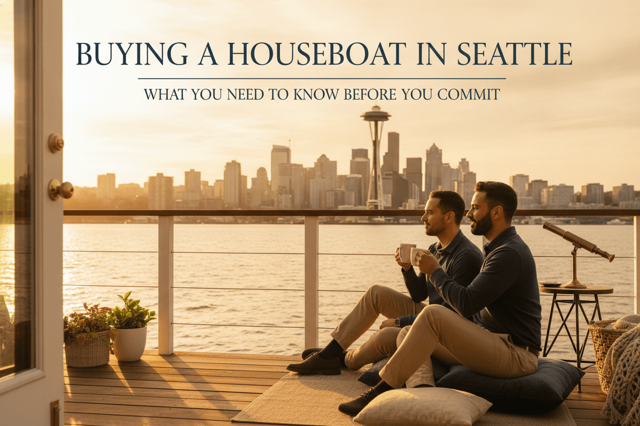 Floating homes on Lake Union in Seattle with the city skyline in the background