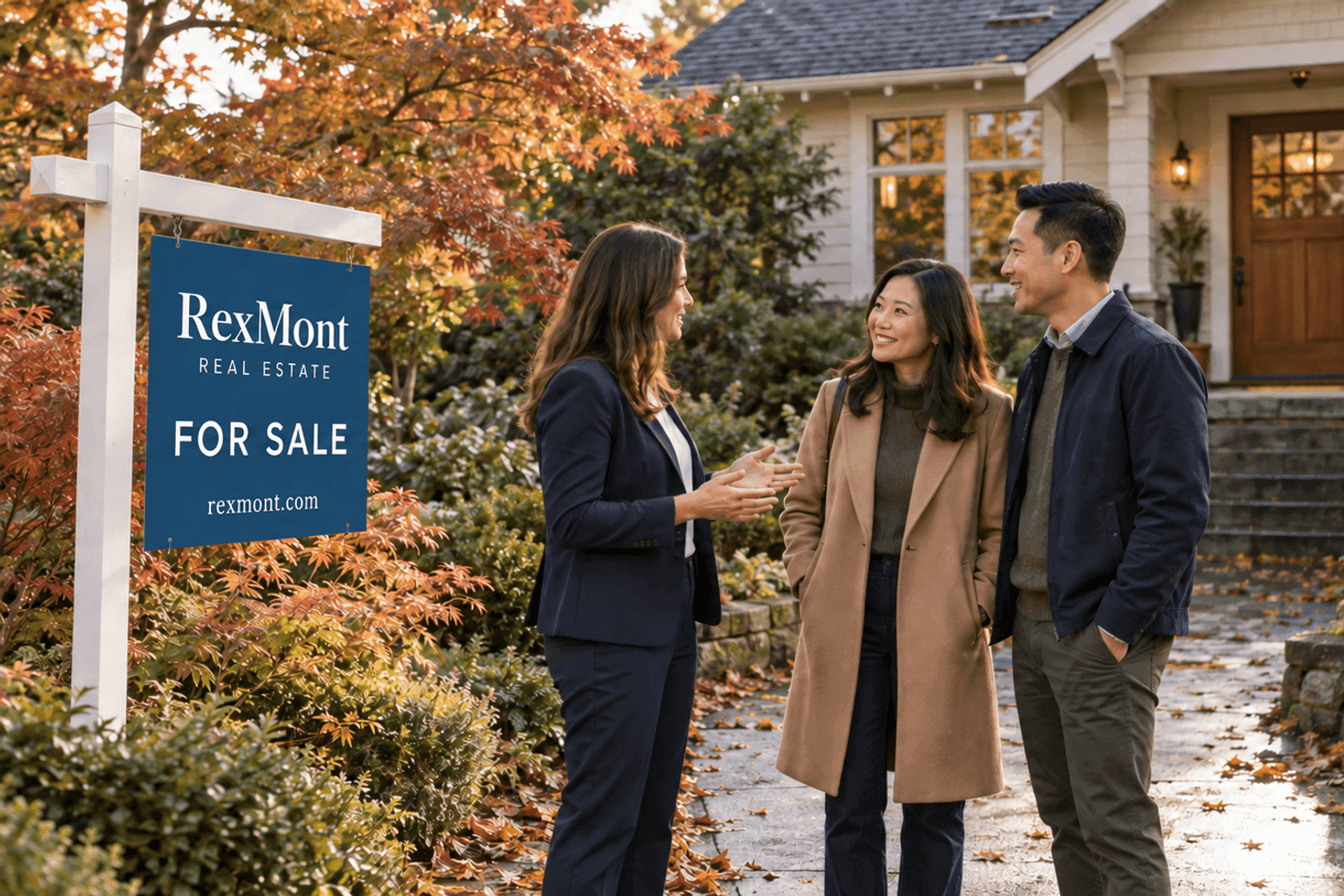 Indian couple in their 50s talking with their RexMont agent in a Kirkland living room at dusk about buying and selling a house at the same time