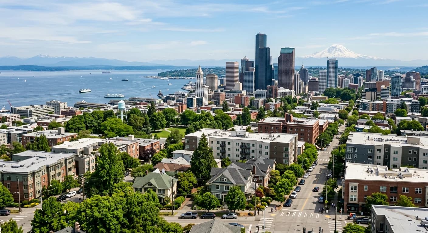 A modern condo building with large windows in the vibrant Capitol Hill neighborhood of Seattle.