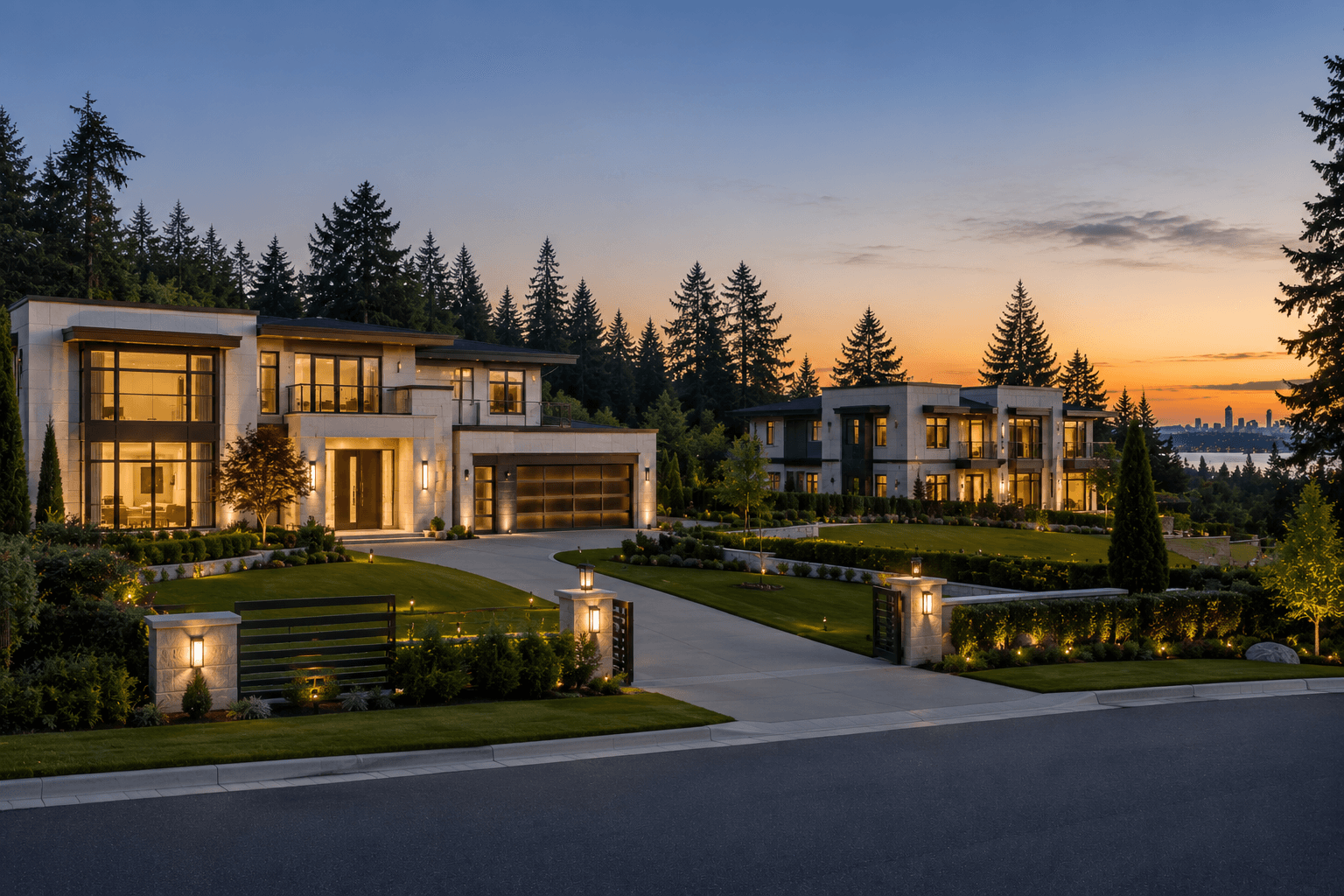 Tree-lined residential street in Clyde Hill with views of Lake Washington and the Seattle skyline