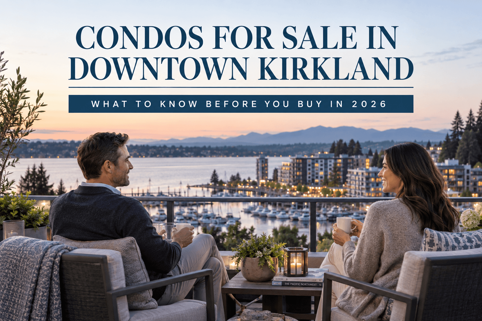 Lake-facing condo buildings near Marina Park in downtown Kirkland along Lake Washington