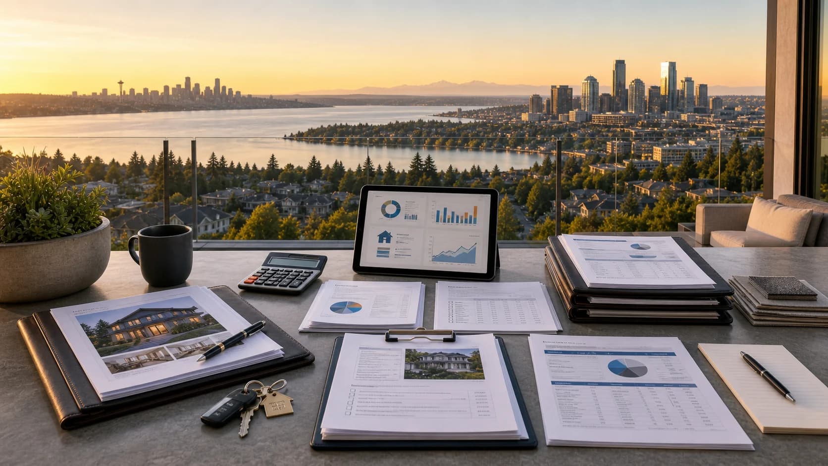 Seattle and Bellevue home buyers reviewing closing costs and mortgage paperwork with a real estate advisor
