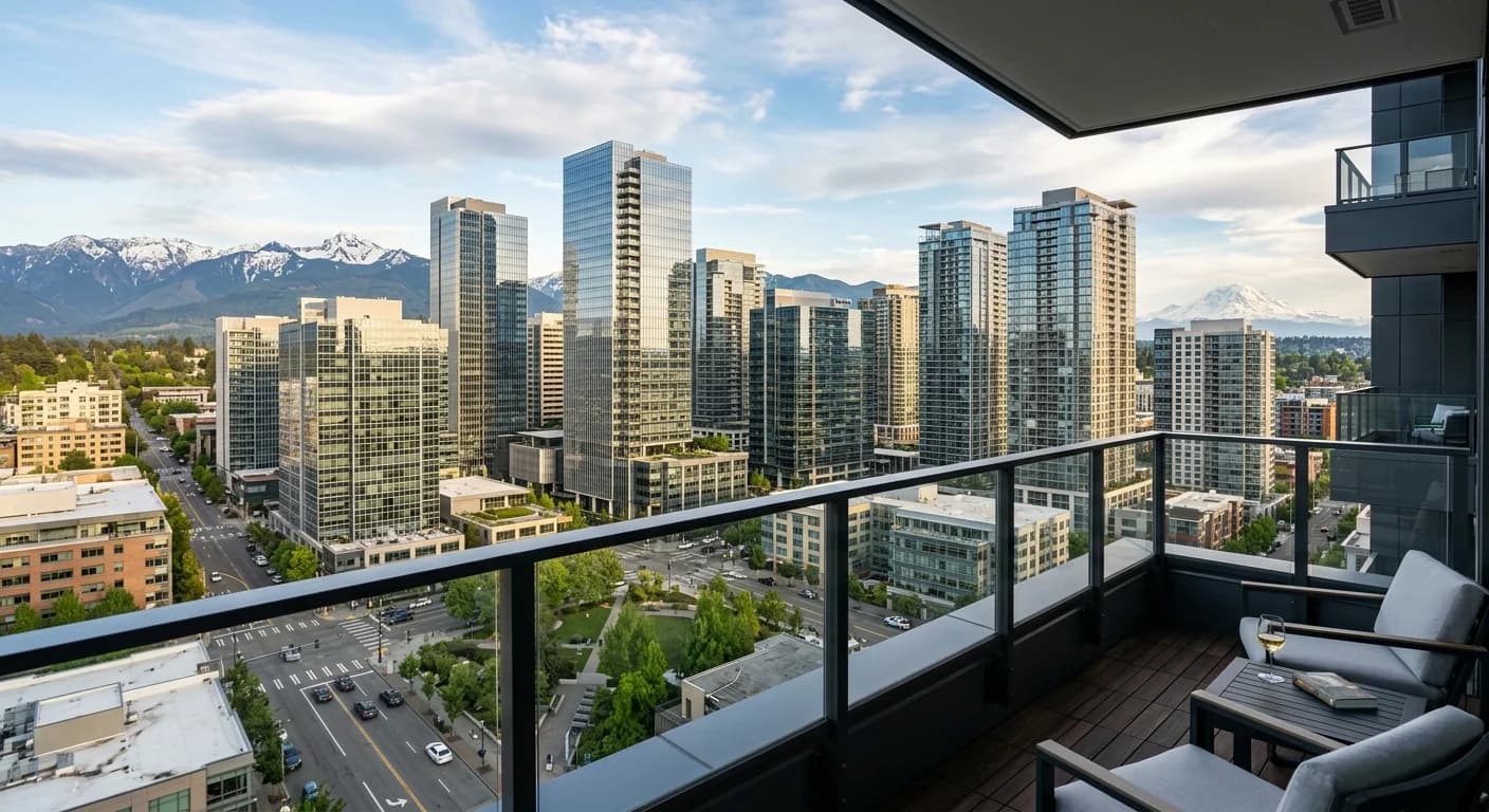 A modern high-rise condo building in downtown Bellevue with blue skies, representing condos for sale.