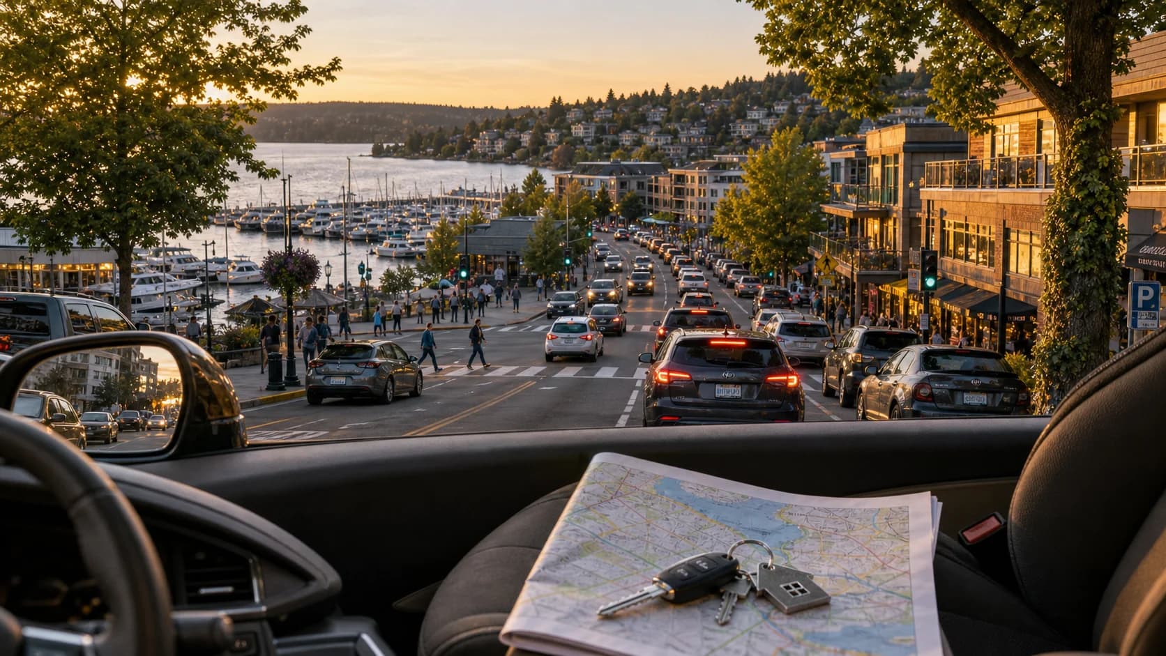 Relocating buyers reviewing Kirkland roads and commute routes with a real estate advisor near Lake Washington