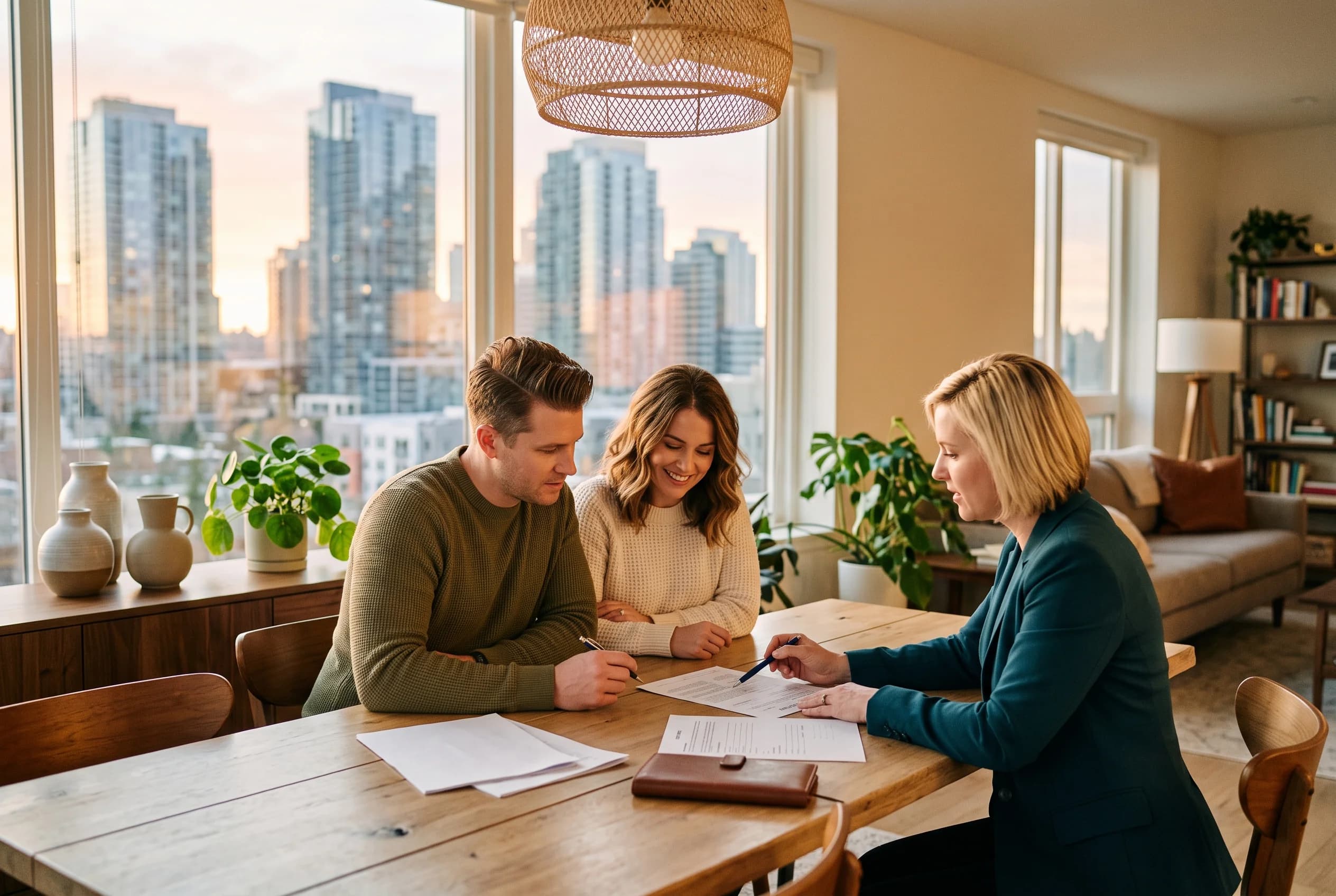 A young couple seated at a dining table in a bright Bellevue home reviewing an offer with their real estate broker, the broker pointing at a document while the couple lean in, warm afternoon light and the Bellevue skyline through the window