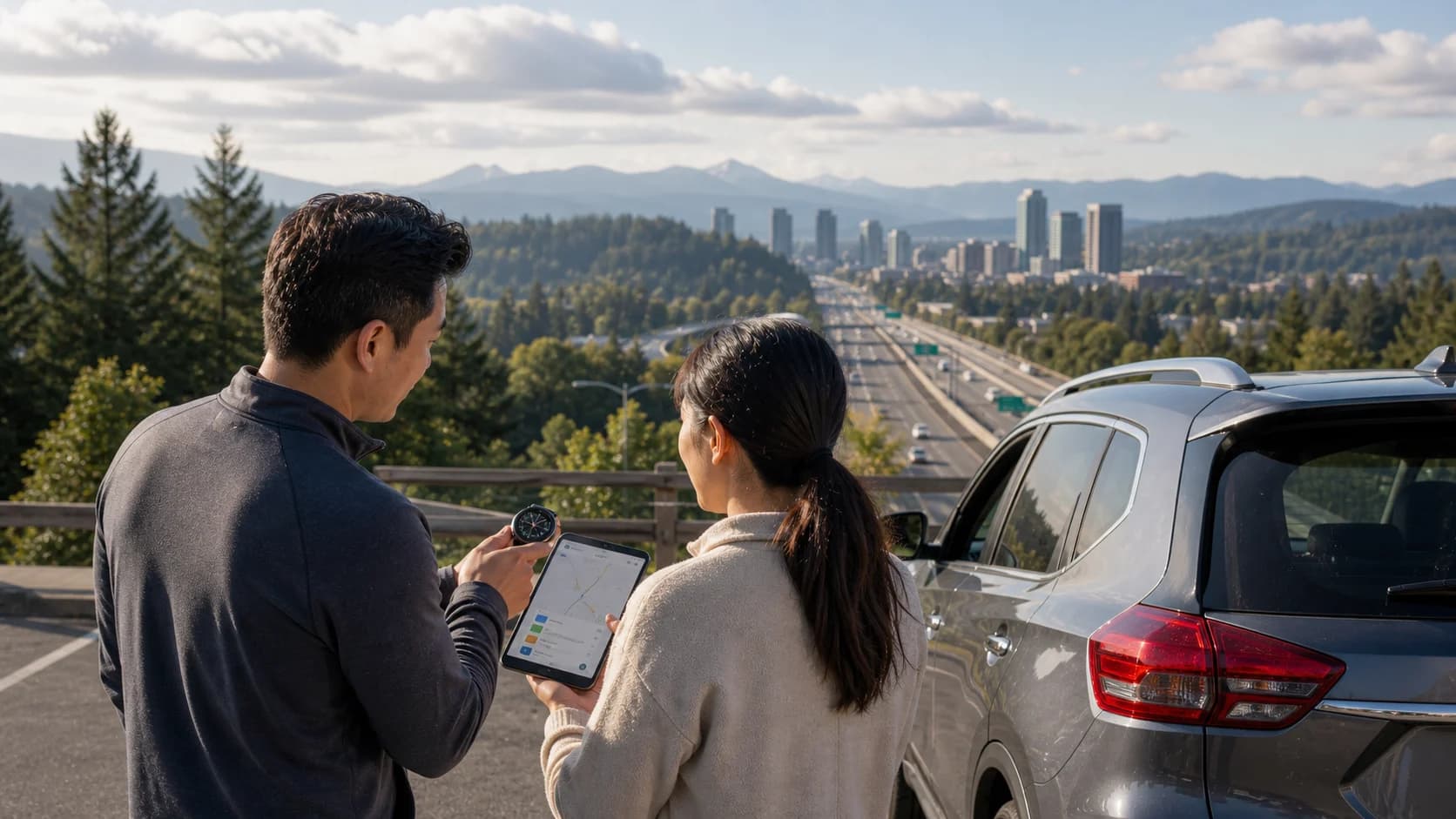 Couple measuring commute time between downtown Issaquah and downtown Bellevue