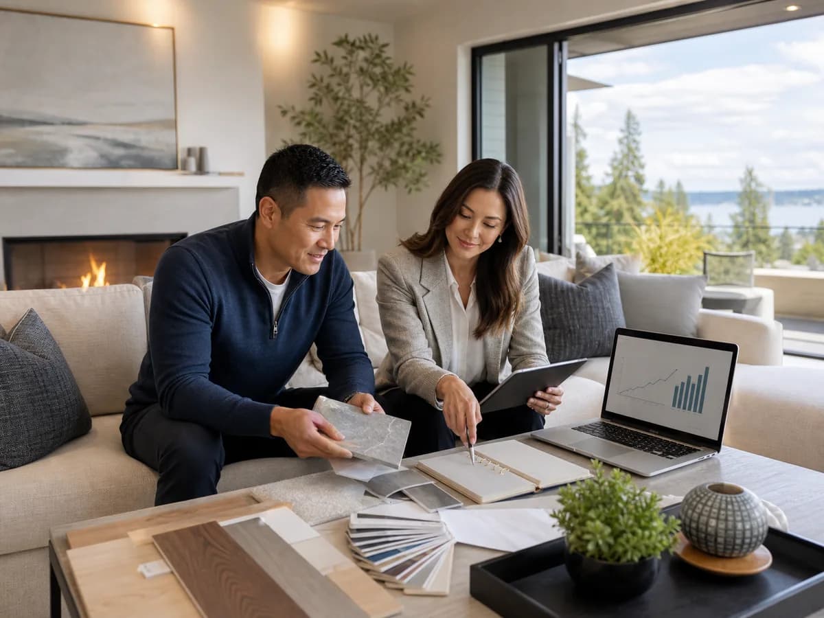Eastside home seller and real estate advisor reviewing staging samples, pricing charts, and listing strategy