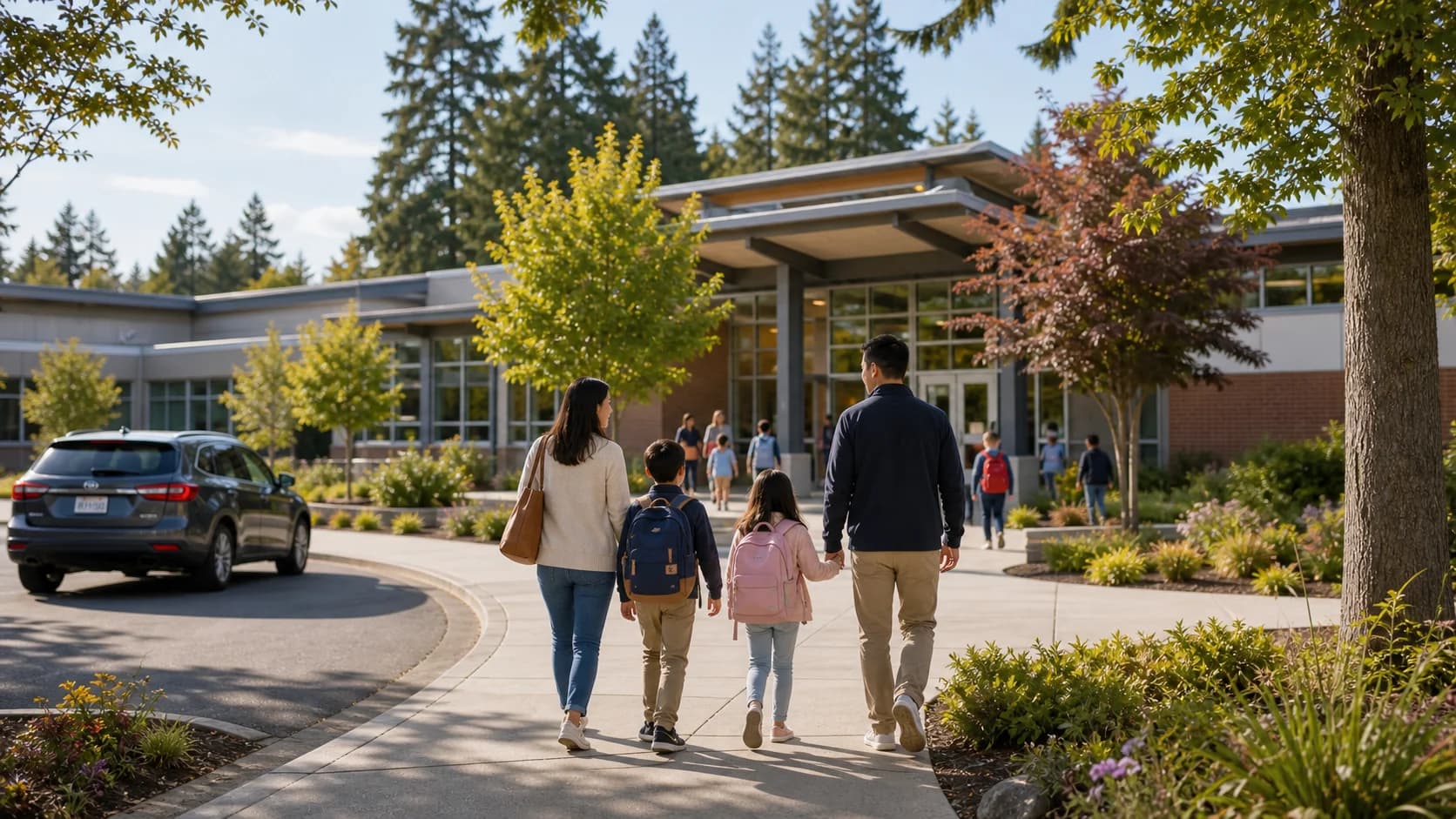 Family walking children toward a Bellevue elementary school for morning drop-off