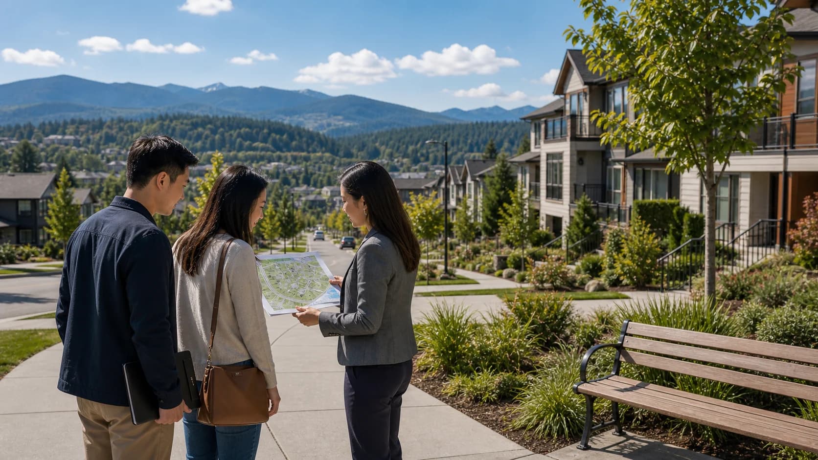 First-time home buyers reviewing an Issaquah Highlands neighborhood map with their agent
