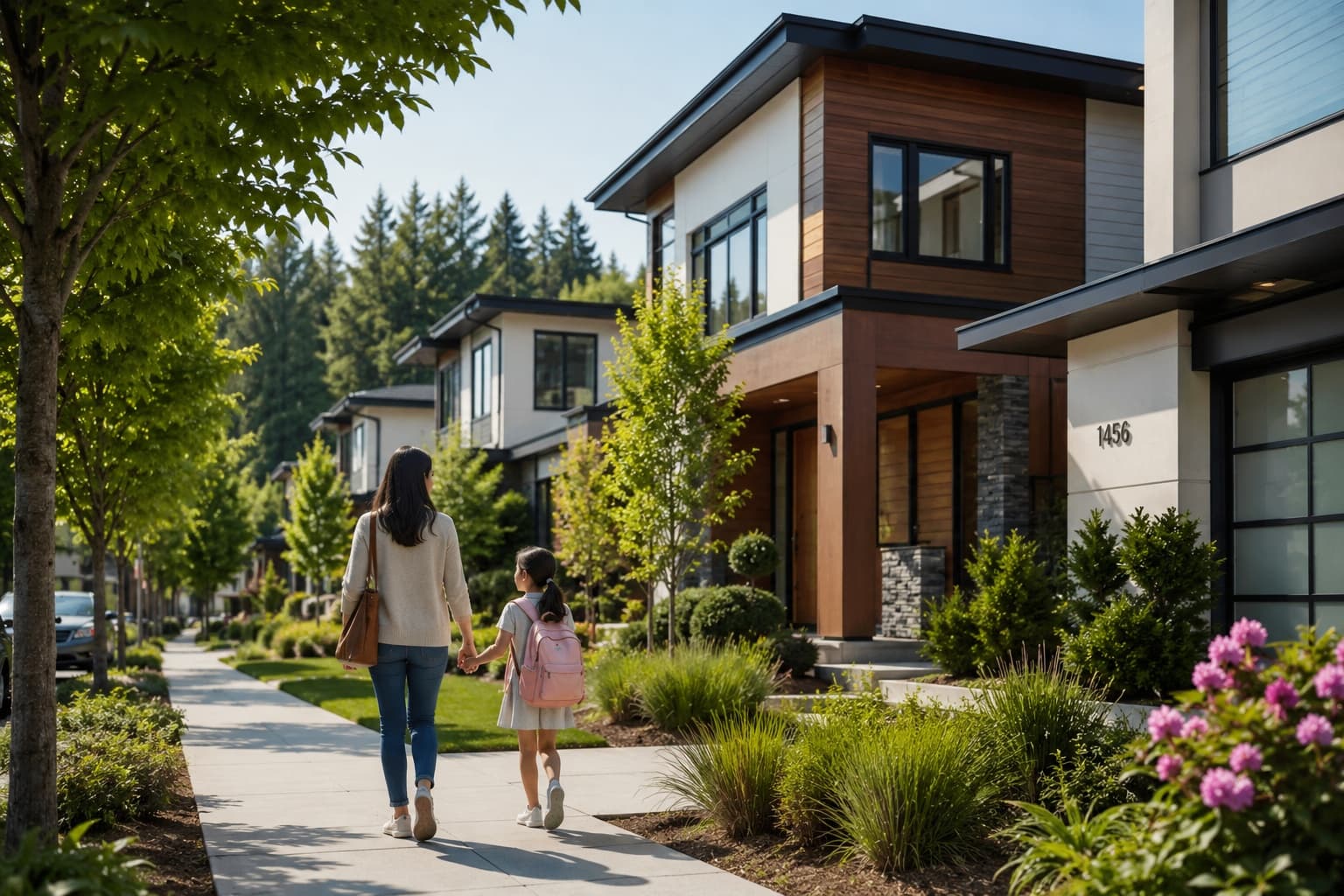 Mother and daughter walking past modern townhomes in Bellevue's Eastgate neighborhood