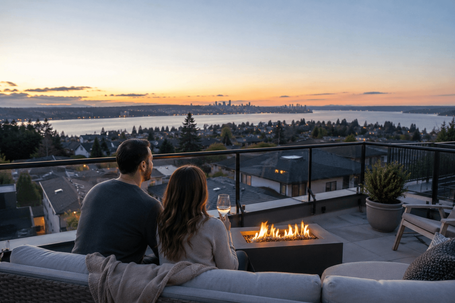 Couple on a Kirkland rooftop deck at sunset overlooking Lake Washington with the Seattle skyline in the distance