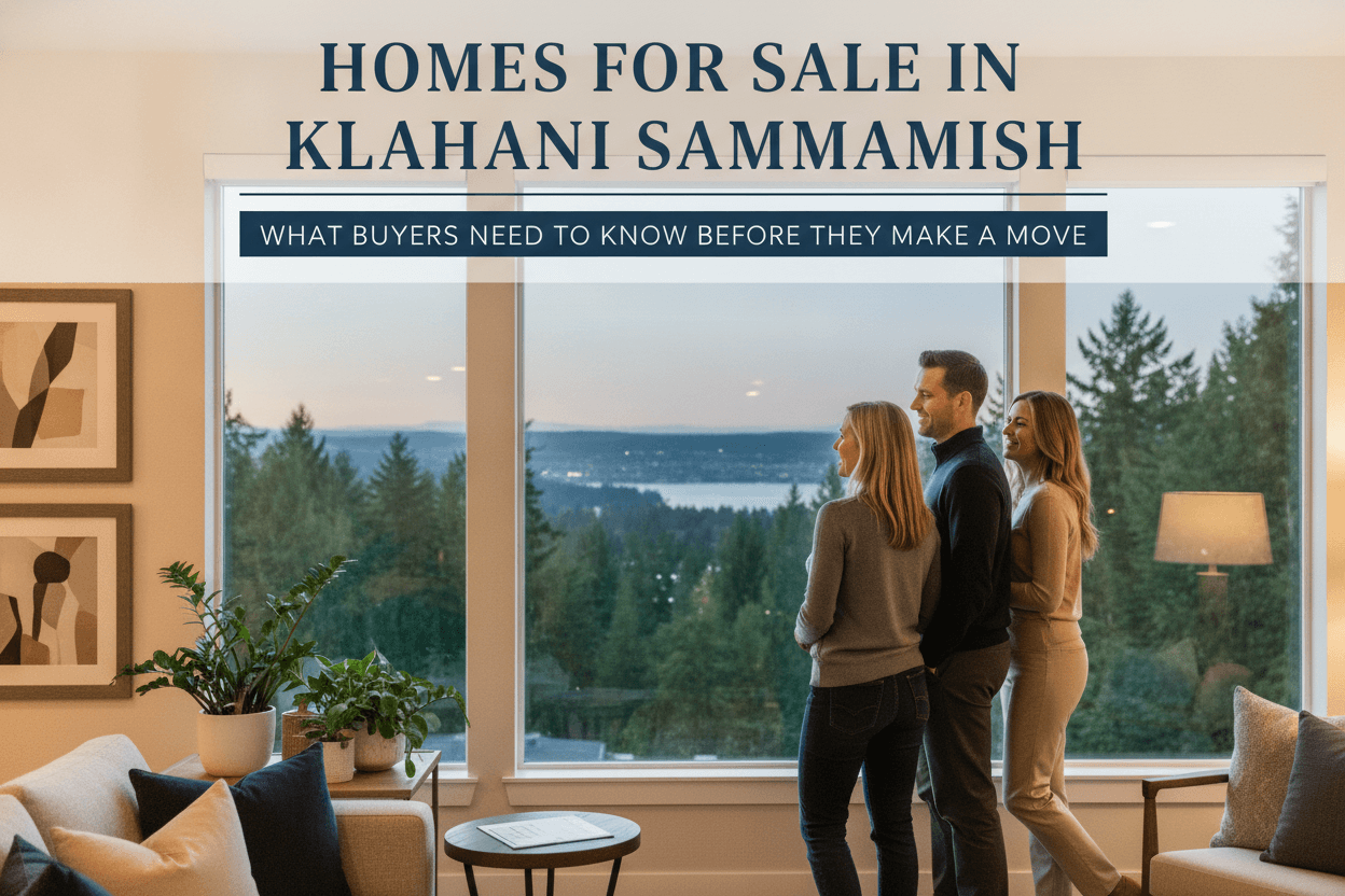 Tree-lined residential street in Klahanie, Sammamish with mature landscaping and single-family homes