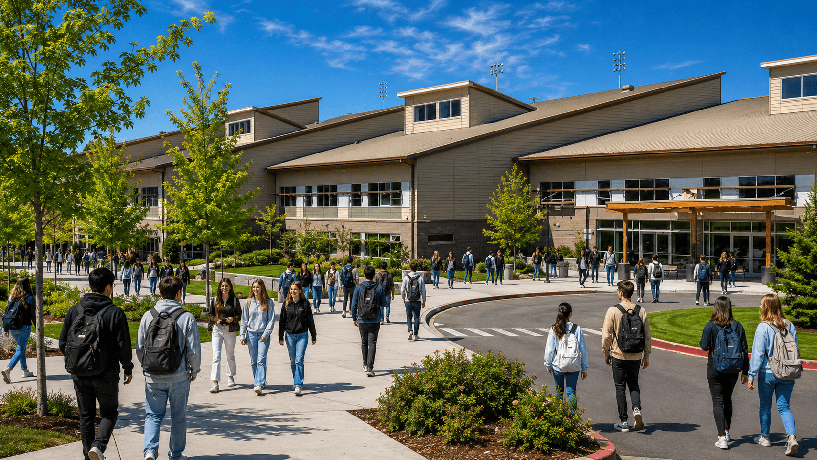 Bellevue School District students with backpacks walking outside a modern Pacific Northwest high-school campus on a bright sunny day, with leafy trees and clear blue sky