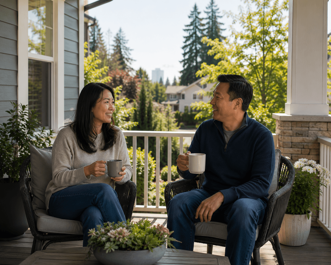 Couple having coffee on a Bellevue front porch overlooking a tree-lined neighborhood