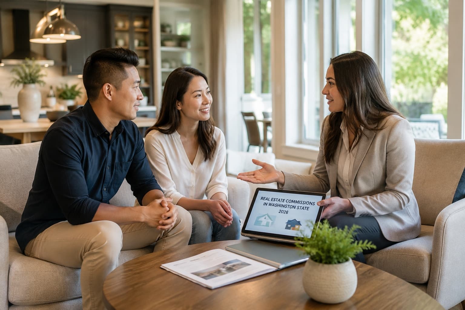 RexMont agent walking a couple through how real estate commissions work in Washington State on a tablet in their living room