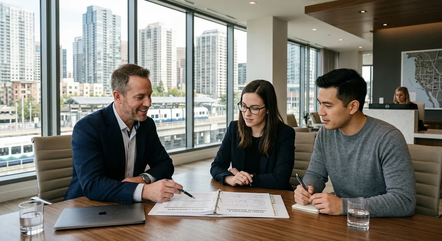 Bellevue condo buyer reviewing HOA financial documents with broker, downtown Bellevue skyline in background