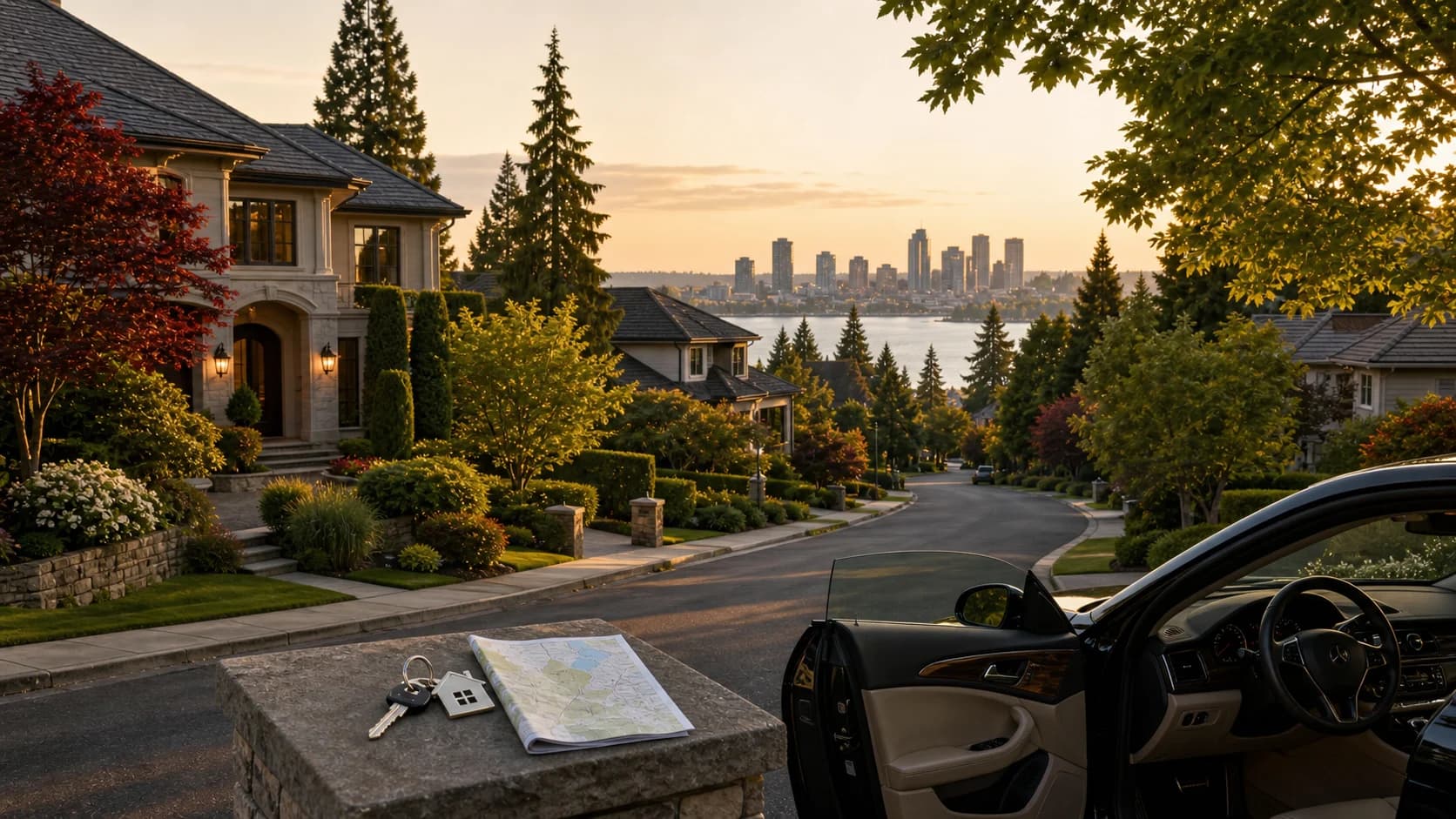 Home buyers reviewing a Bellevue neighborhood map and offer strategy with their real estate agent