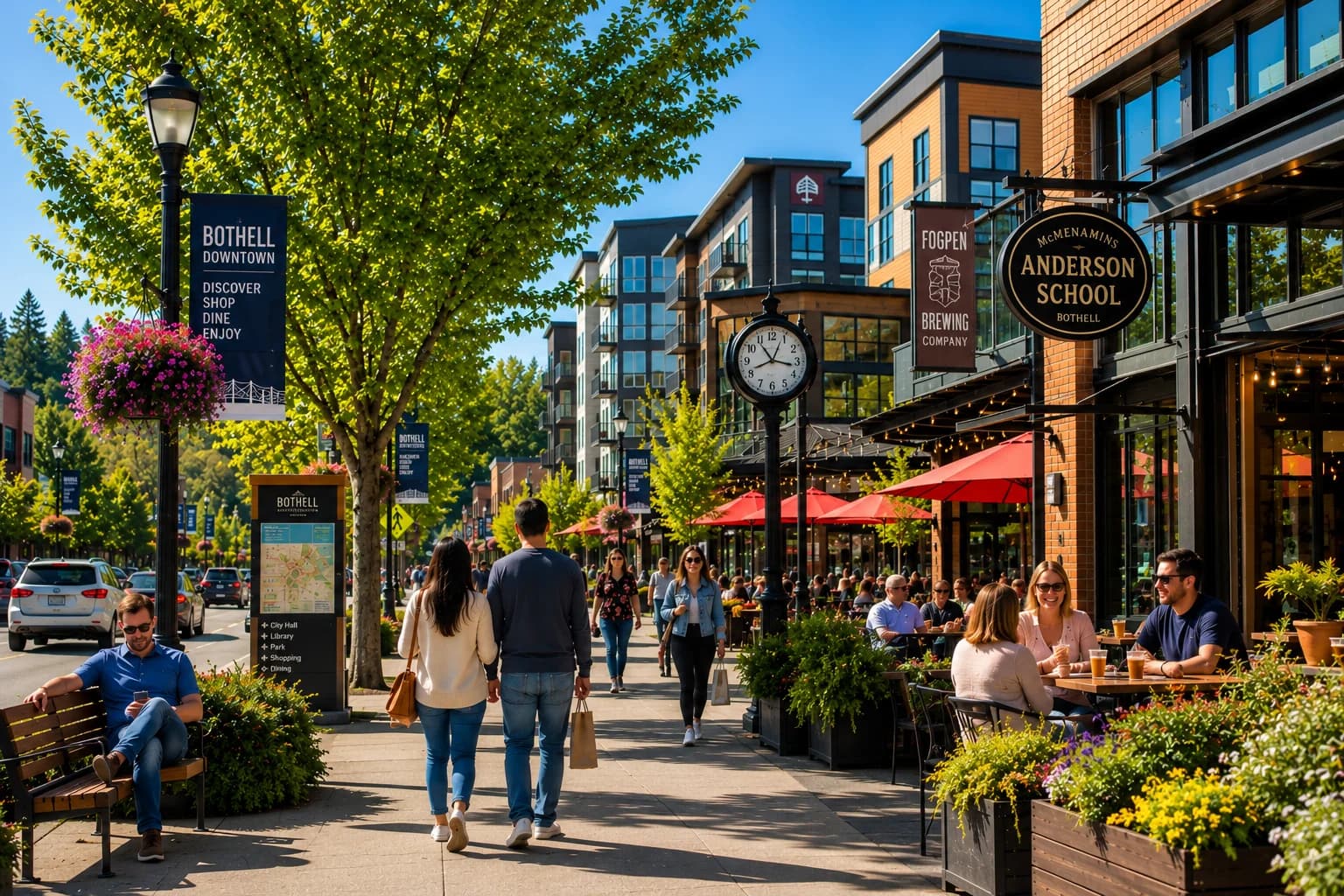Downtown Bothell storefronts and nearby homes on a walkable street
