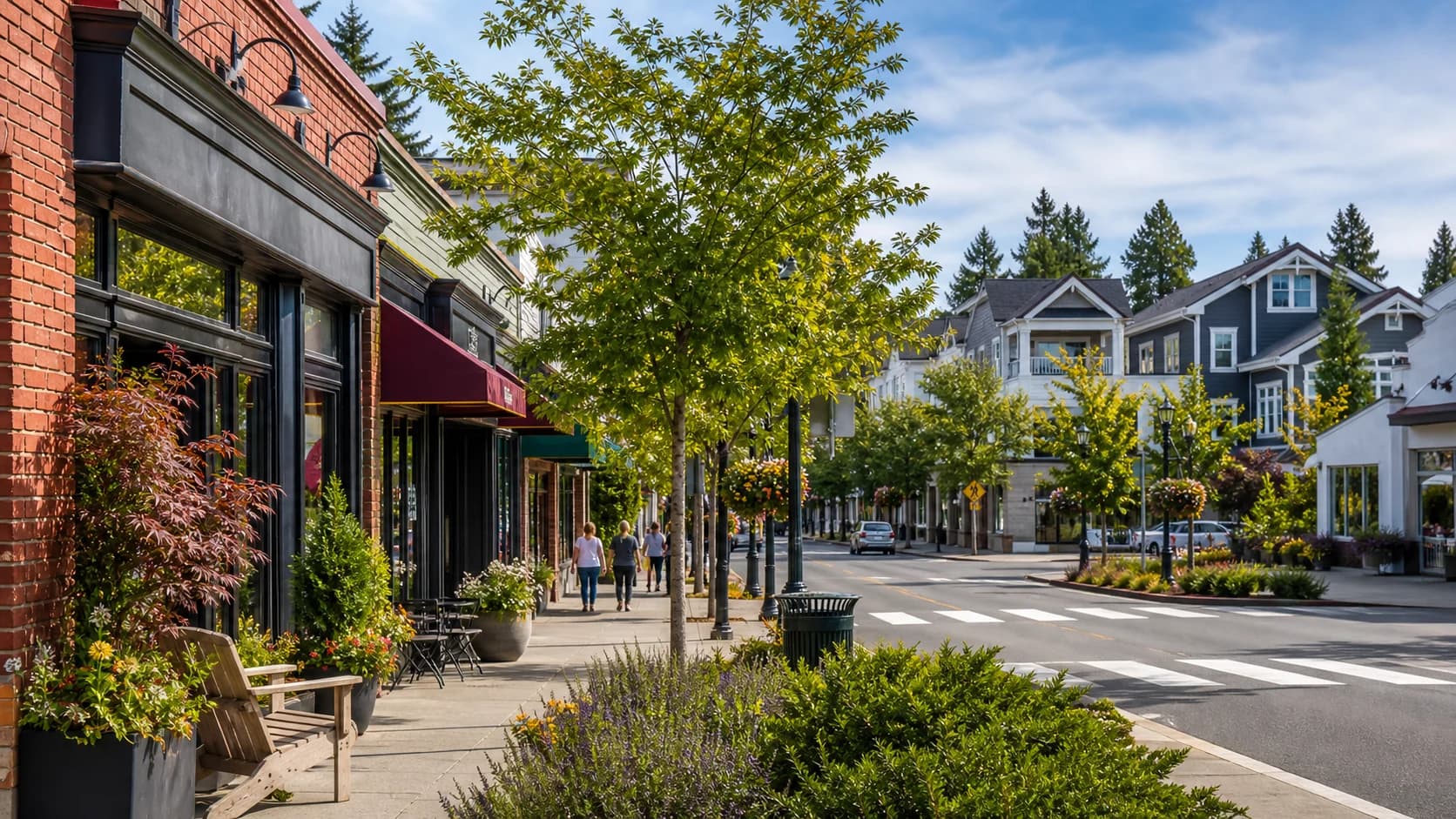 Downtown Bothell storefronts and nearby homes on a walkable street