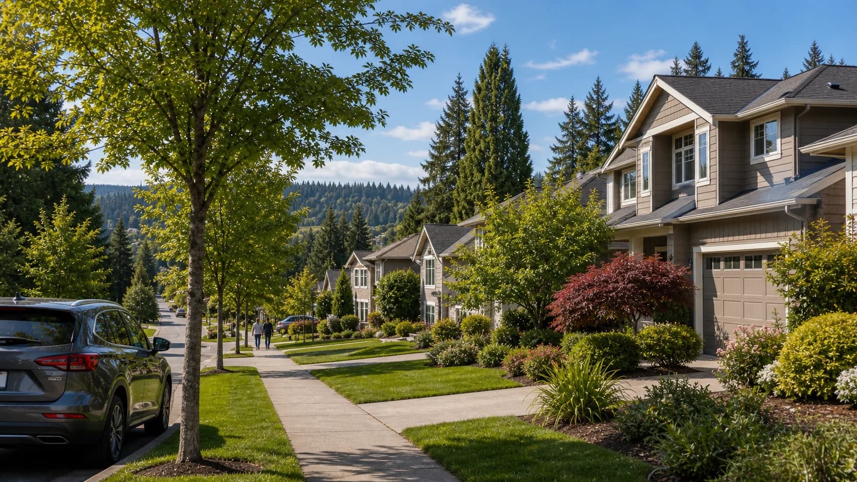 Klahanie Issaquah neighborhood homes with tree-lined sidewalks