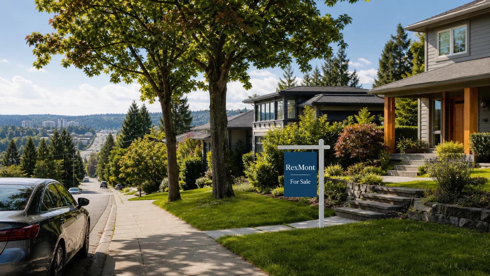 Rose Hill Kirkland neighborhood street with homes and a RexMont for sale sign