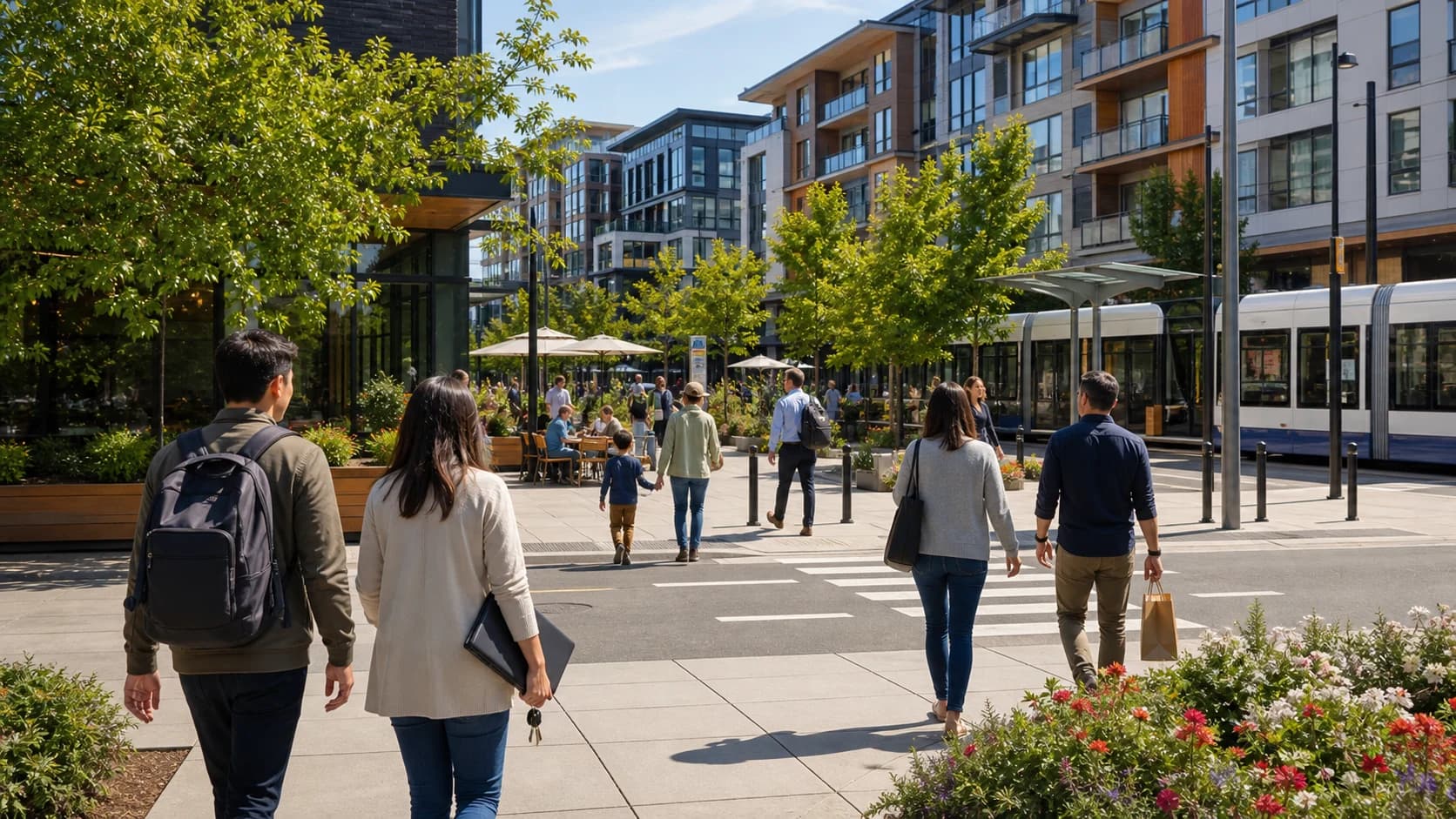 People walking through downtown Redmond near mixed-use buildings and light rail