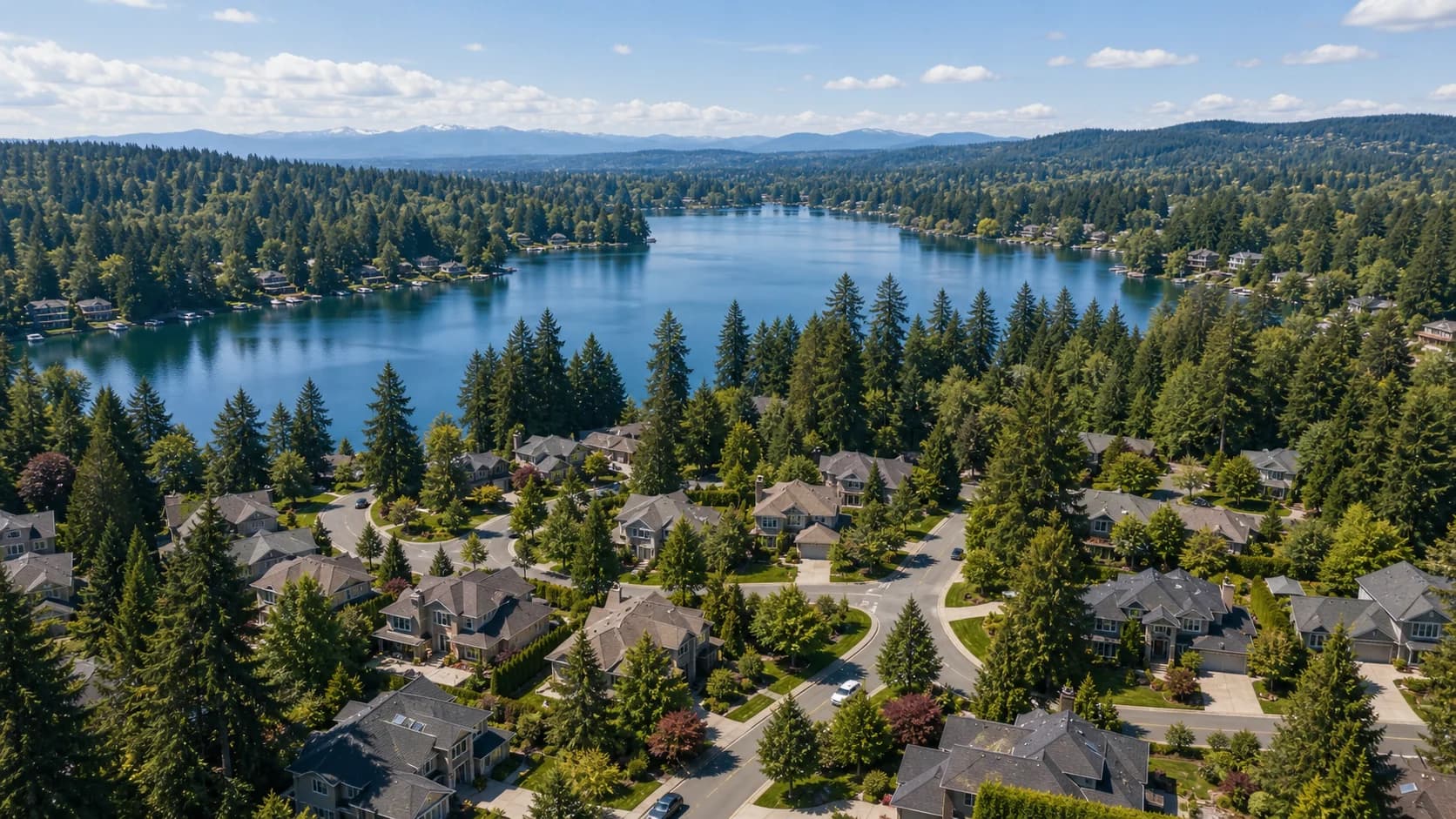 Aerial view of Beaver Lake neighborhood homes and the lake in Sammamish
