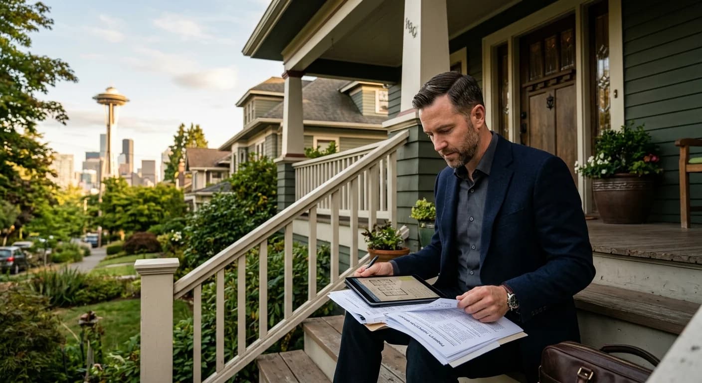 Seattle home buyer reviewing inspection documents with broker, Queen Anne neighborhood in background