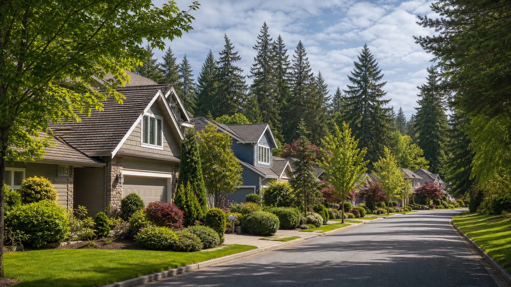 Woodinville neighborhood homes on a quiet tree-lined street